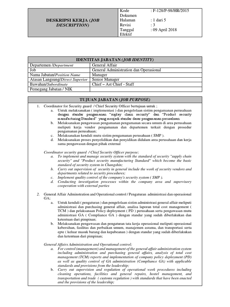 Deskripsi Jabatan General Affair Manager | PDF