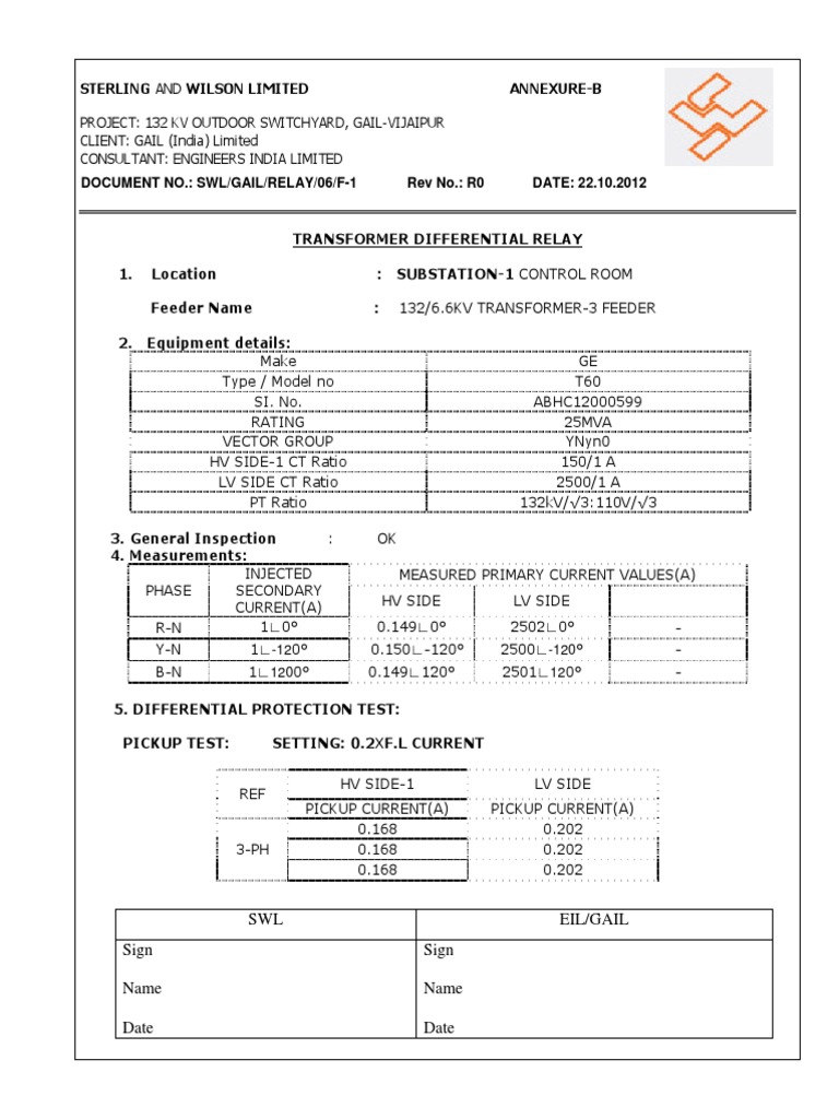 Protection Test Report Electrical Substation Relay