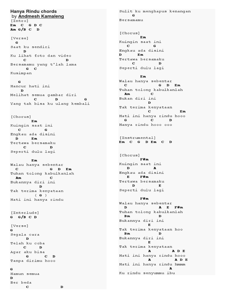 Hanya Rindu Chords Sulit Ku Menghapus Kenangan