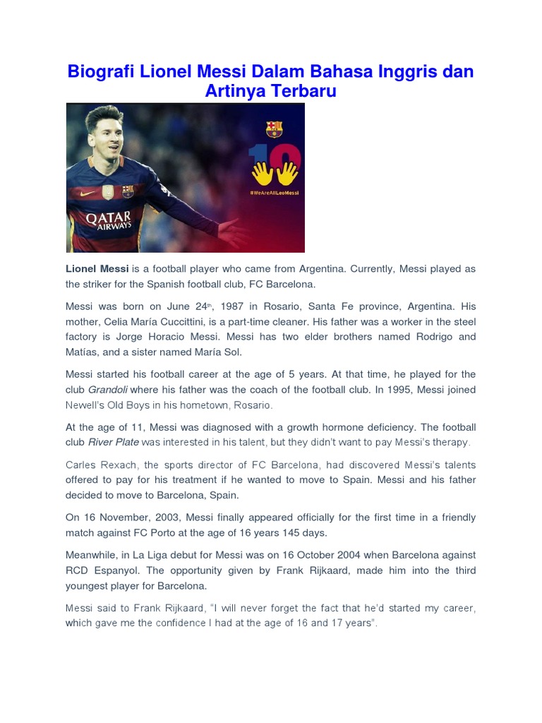 Biografi Lionel Messi Dalam Bahasa Inggris Dan Artinya Terbaru Docx Lionel Messi Fc Barcelona