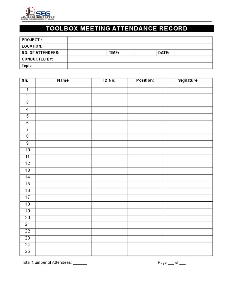 Toolbox Meeting Attendance Record PDF