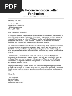 College Recommendation Letter From A Teacher
