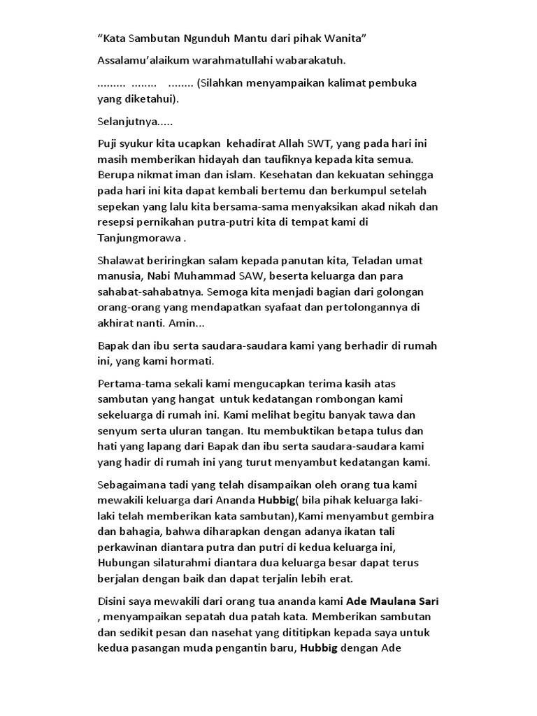 Kata Sambutan Ngunduh Mantu