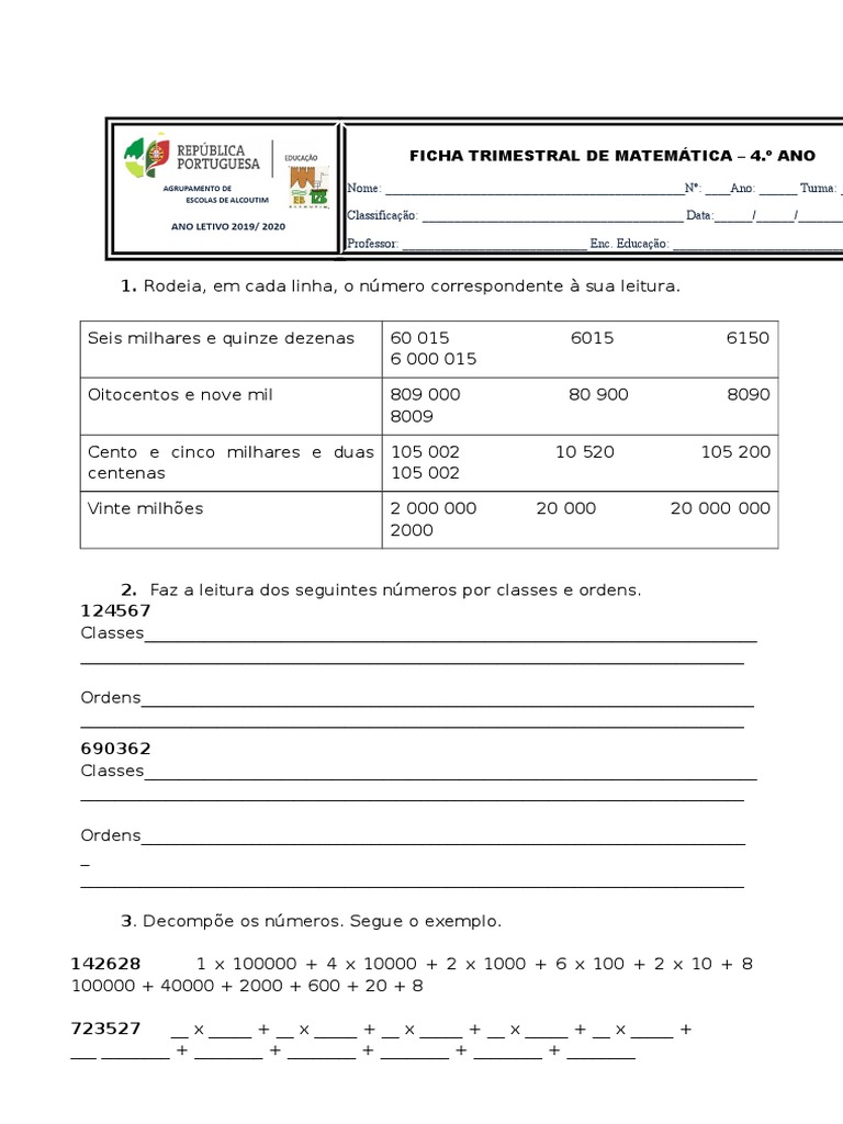 Fichas para Estudar - Fichas e testes de Matemática 4º ano