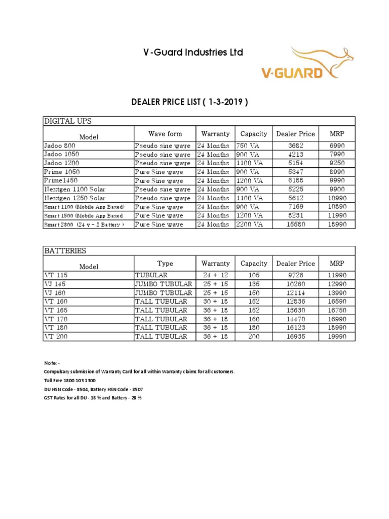 V Guard Dealer Price List 01.03.2019 PDF Business
