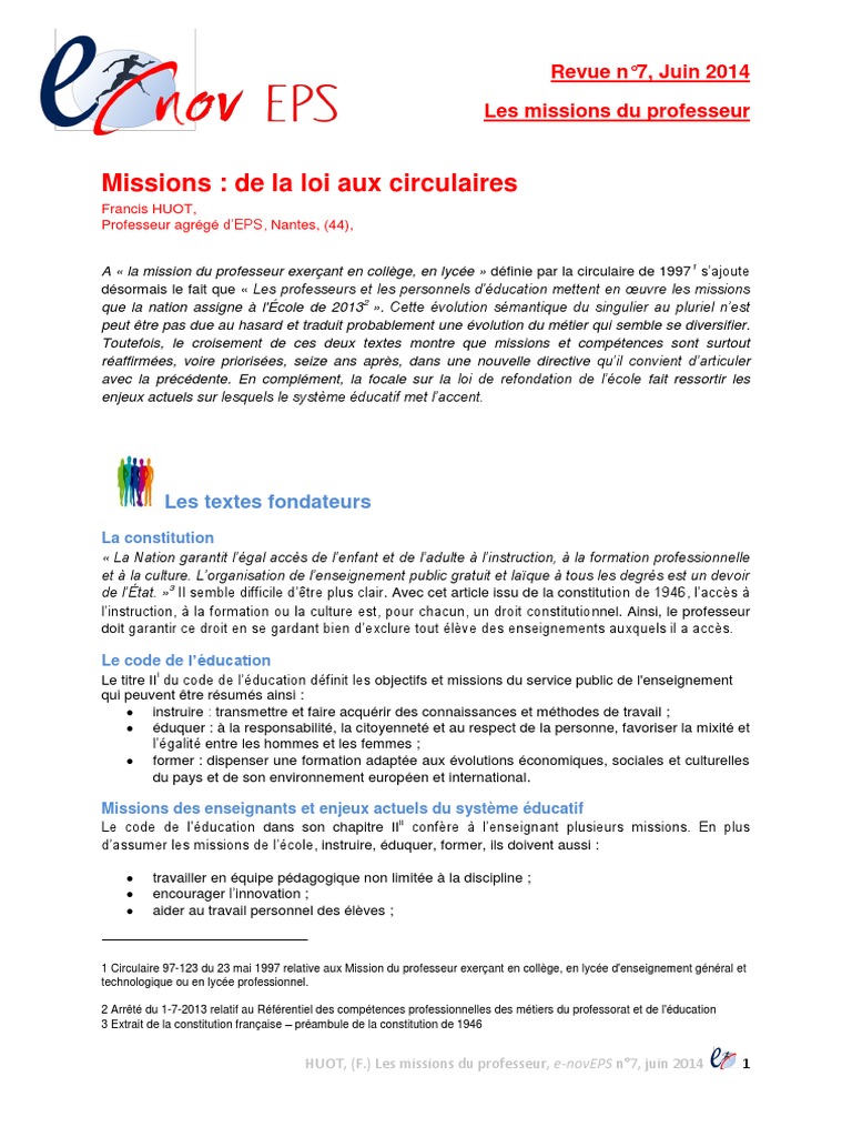 Référentiel Des Compétences Professionnelles Des Métiers Du Professorat Pdf e-novEPS N°7P1huot PDF | PDF | Pédagogie | Enseignants