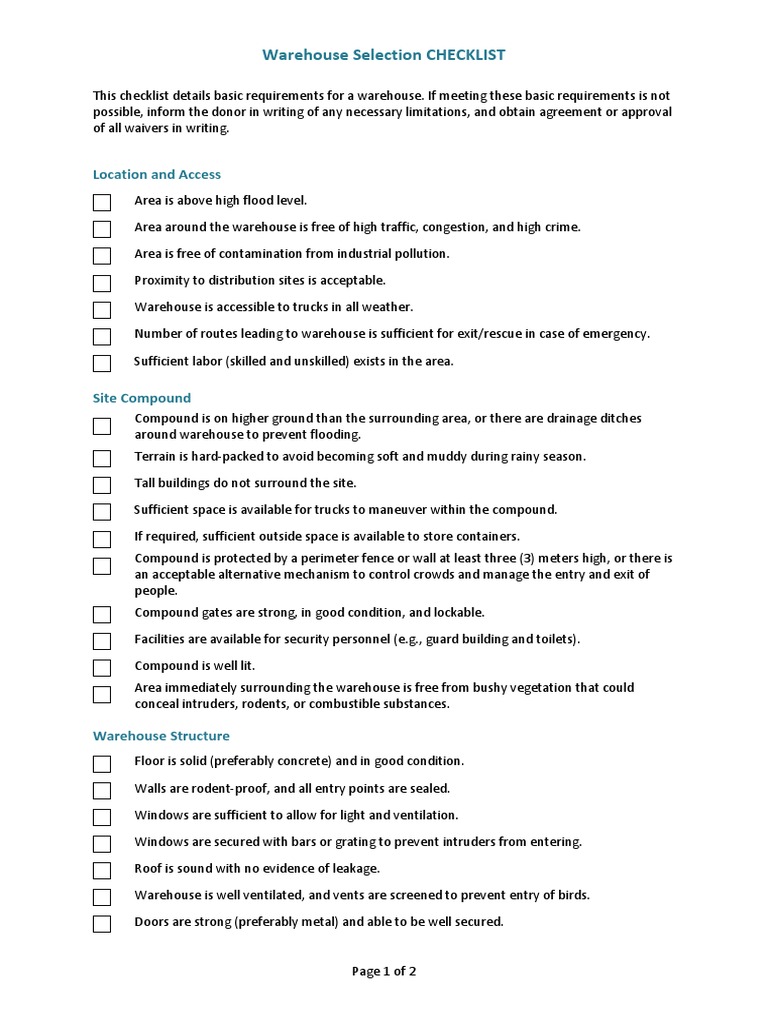 7.1.1 Warehouse Selection Checklist | PDF | Warehouse | Nature