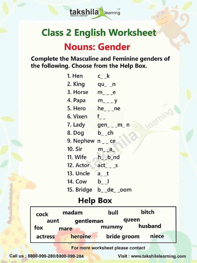 Worksheets For Class 2 English Nouns Gender Pdf Pdf