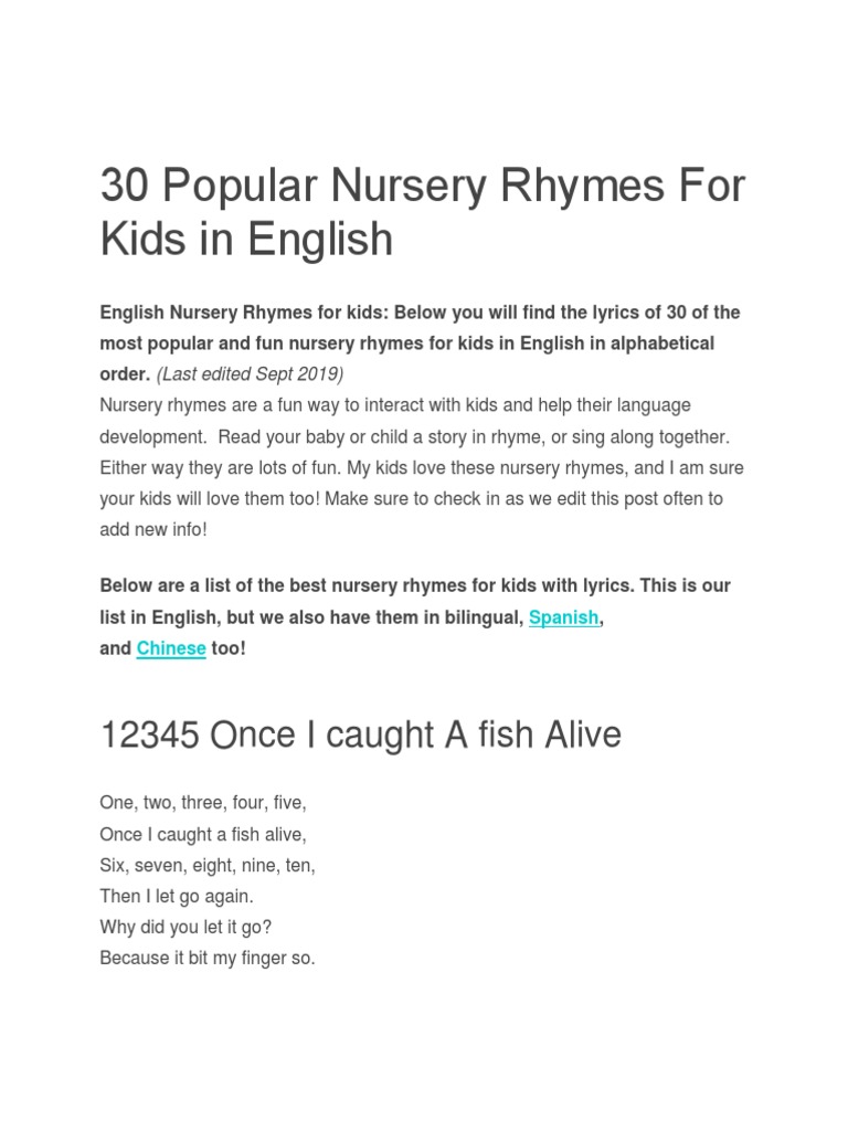 30 Popular Nursery Rhymes For Kids in English | PDF | Children's Music ...