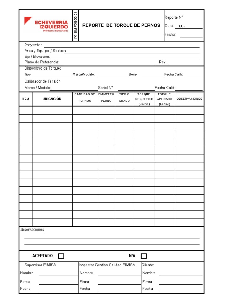 FO - EIM-POE-02-01 Reporte de Torque de Pernos | PDF