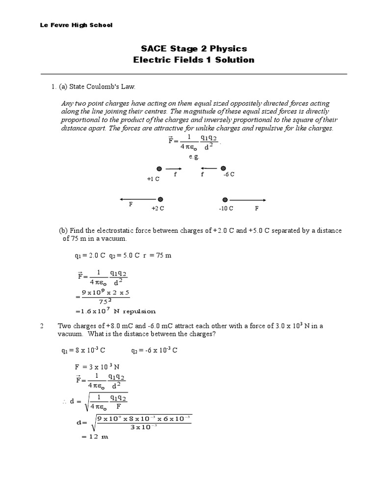 Worksheet Electric Fields 1 Solution Electric Field Electric Charge