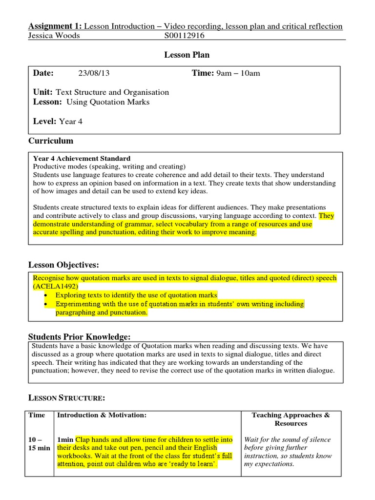 Lesson Plan Quotation Marks Final PDF Educational Assessment