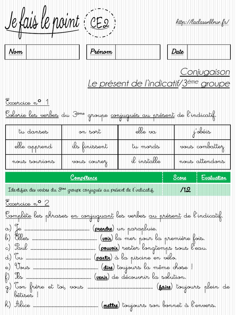 Verbes Du 3ème Groupe Au Présent Exercices Pdf Le Present de Lindicatif 3eme Groupe CE2 | PDF