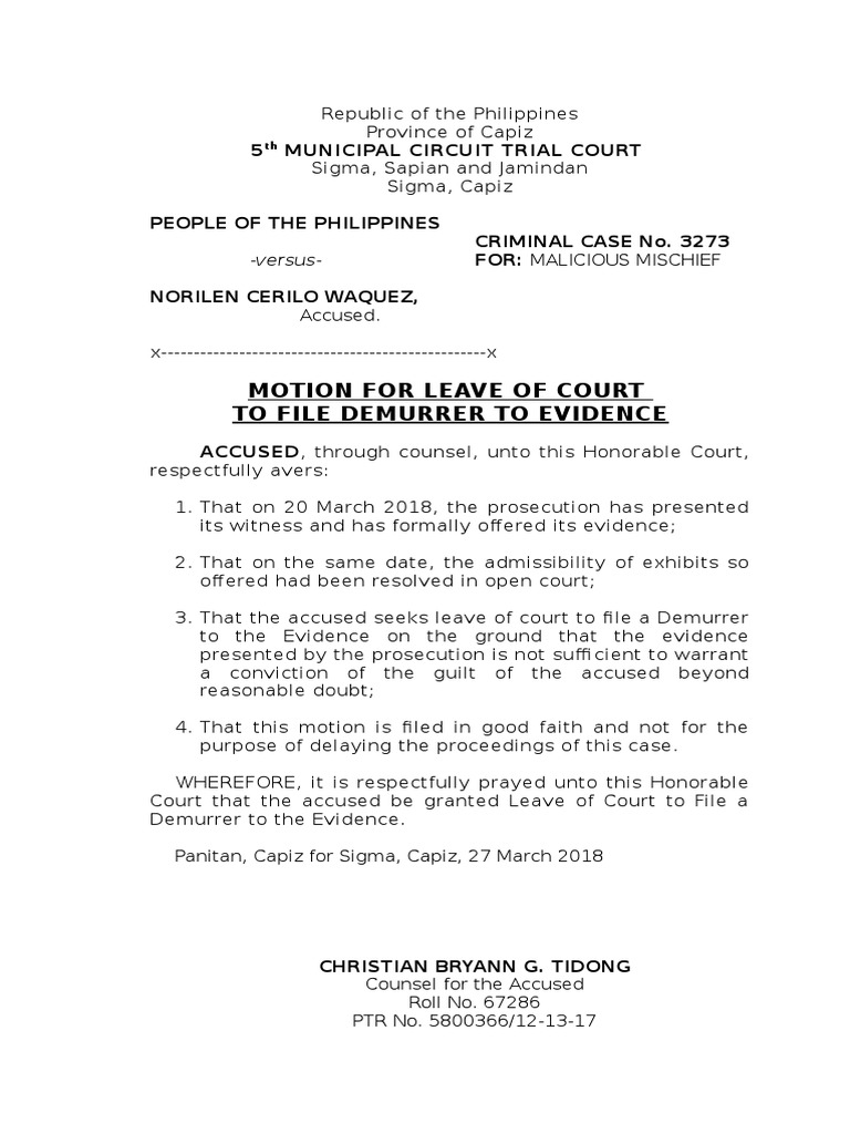 Motion For Leave of Court To File Demurrer PDF