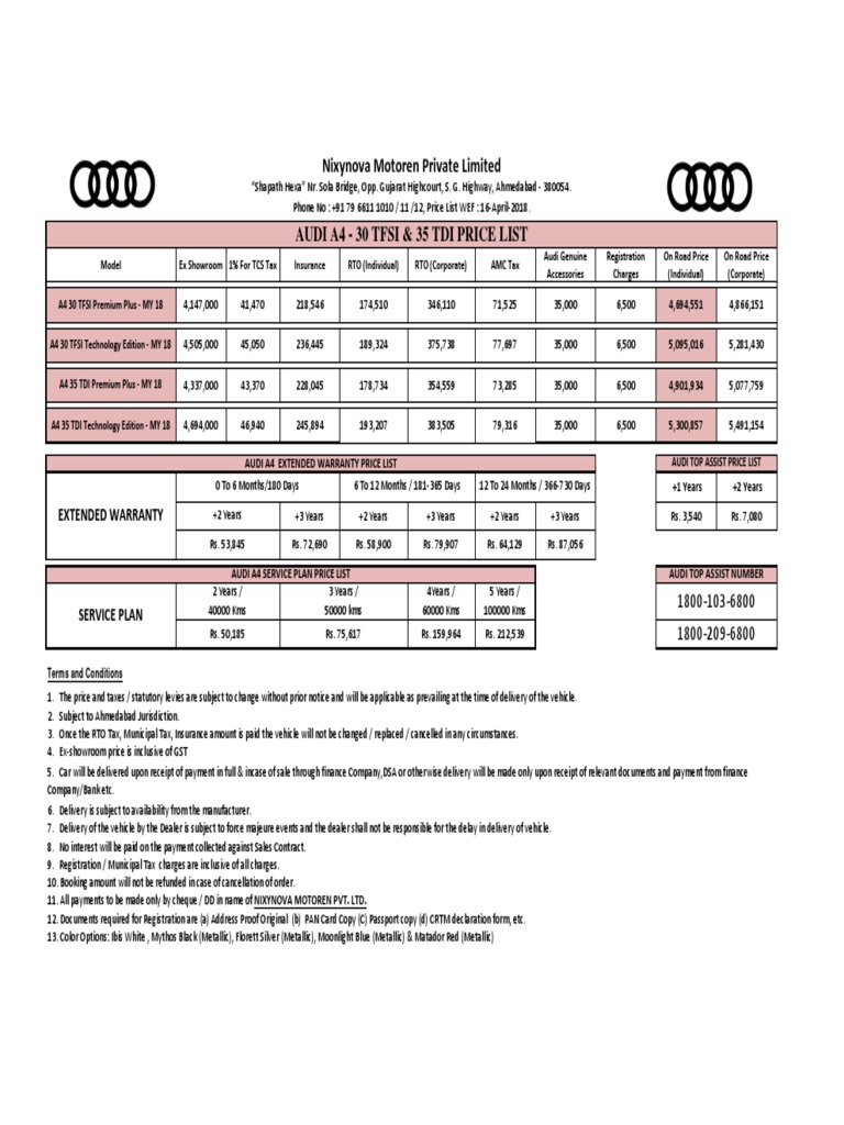 Audi A4 2018 Price and Service Costs | PDF | Audi | Payments
