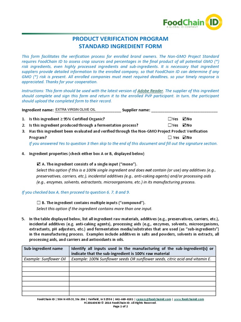 3) NON-GMO Project Standard Ingredient Form PDF | PDF | Genetically ...