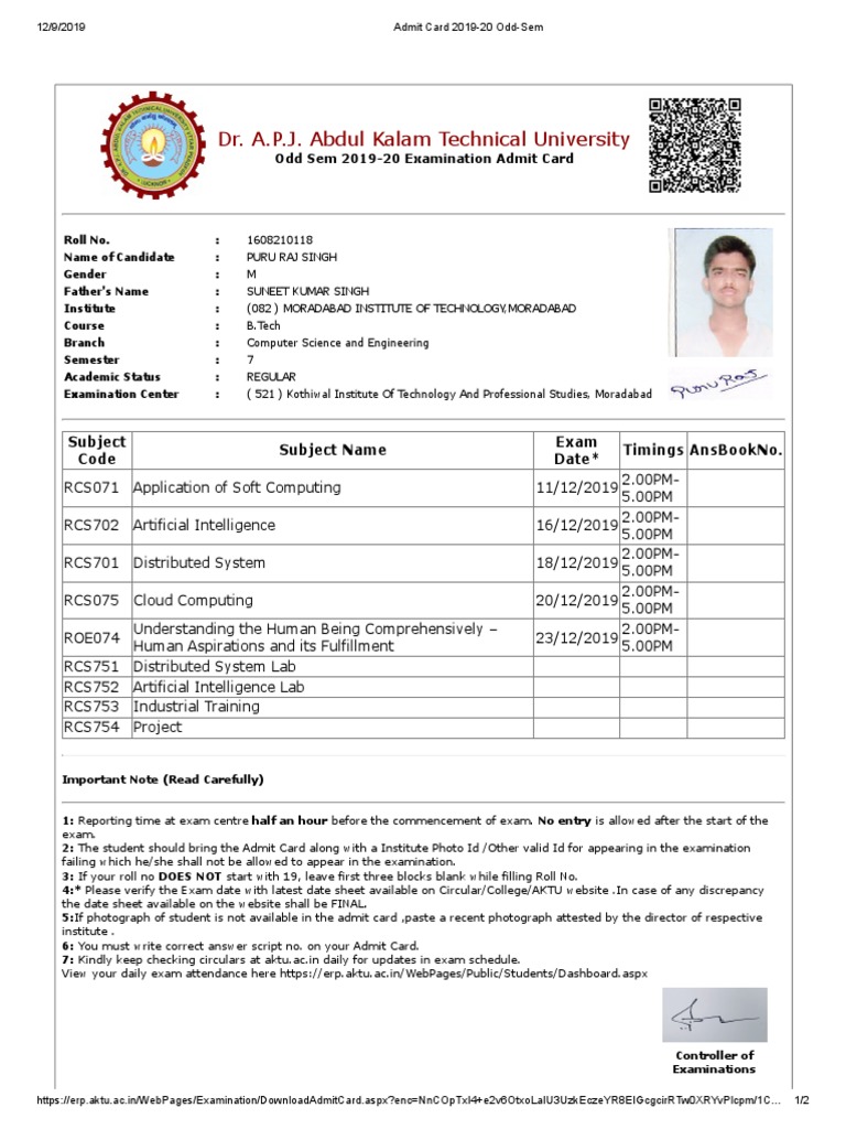AKTU B.Tech Admit Card 2019-20 | PDF | Test (Assessment) | Computer Science