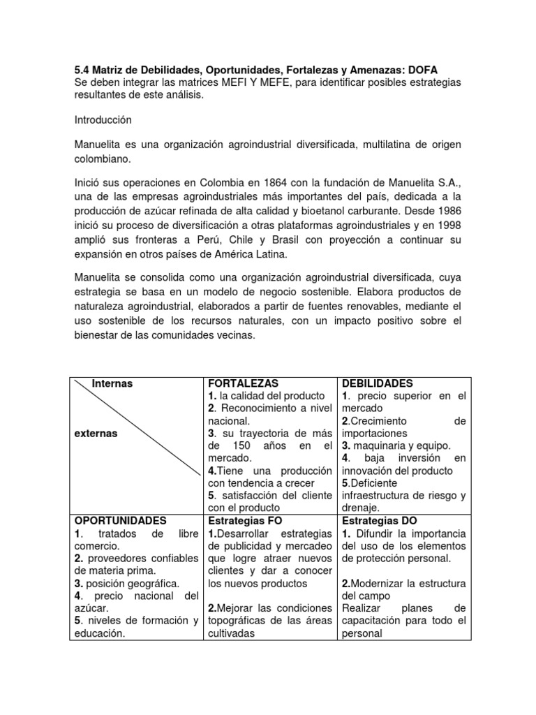 Análisis DOFA de Manuelita S.A. | PDF | Análisis FODA | Economias
