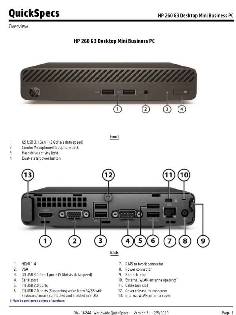 Hp 260 G3 Desktop Mini Business Pc Pdf Pdf Solid State Drive Ieee 802 11