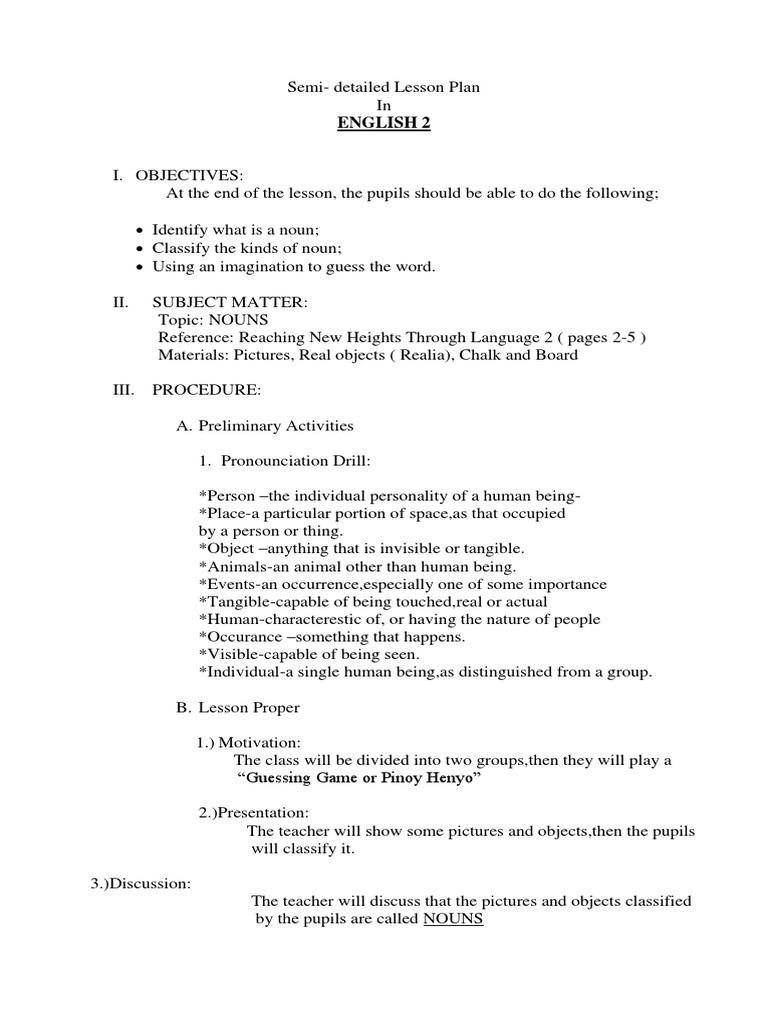 Grade 2 Nouns Lesson Plan | PDF | Ear | Hearing