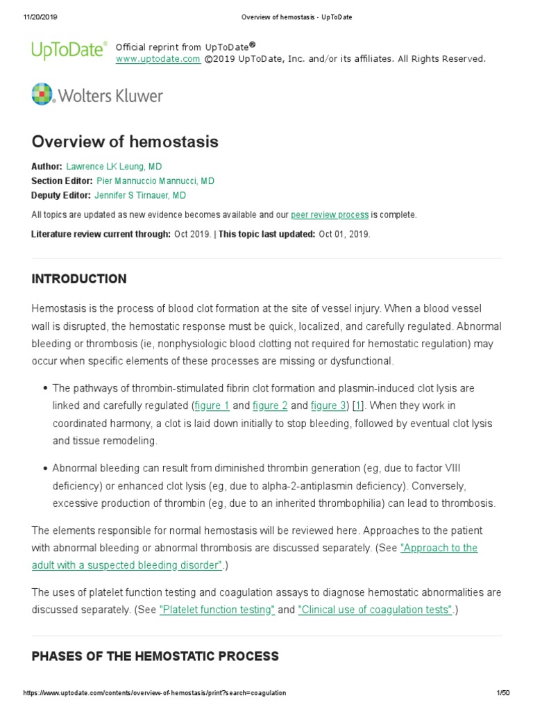 Overview of Hemostasis - UpToDate | PDF | Coagulation | Platelet