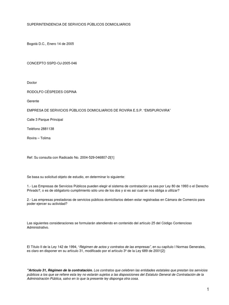 Concepto SSPD Nacion 0046 2005 PDF | PDF | Constitución | Comercio