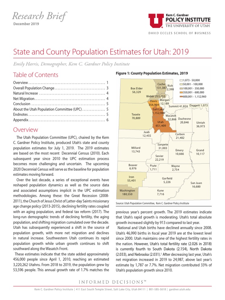 Utah Population Estimates 2010 2019 PDF Utah Population Growth