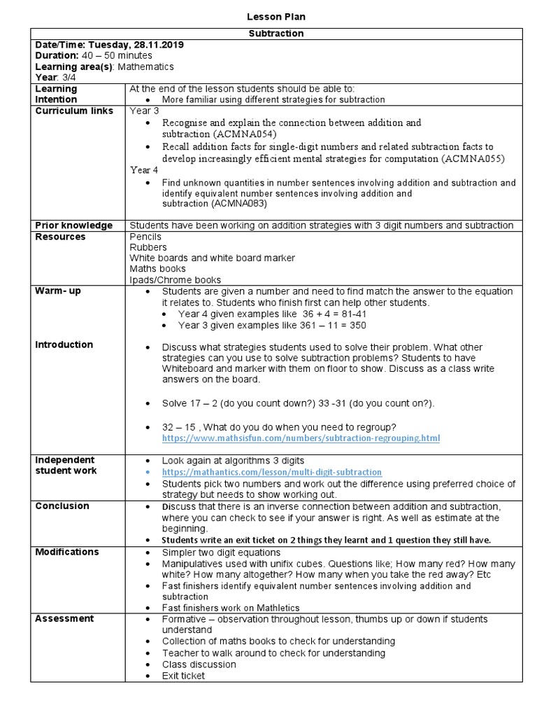 Subtraction Lesson Plan | PDF | Subtraction | Lesson Plan