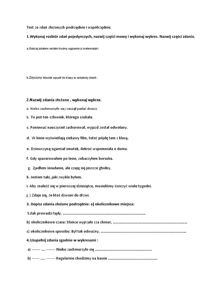 Zdania Złożone Współrzędnie I Podrzędnie Sprawdzian Klasa 6 Pdf Test Ze Zdań Złożonych Podrzędnie I Współrzędnie | PDF