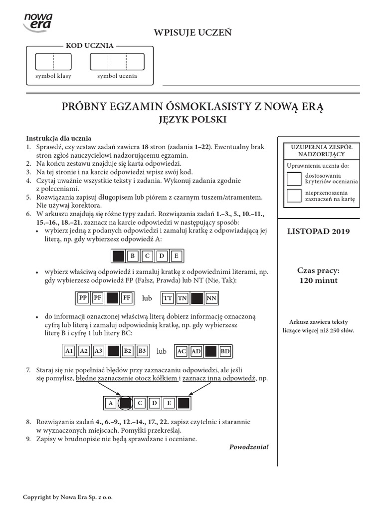 Egzamin ósmoklasisty Język Polski Testy Pdf