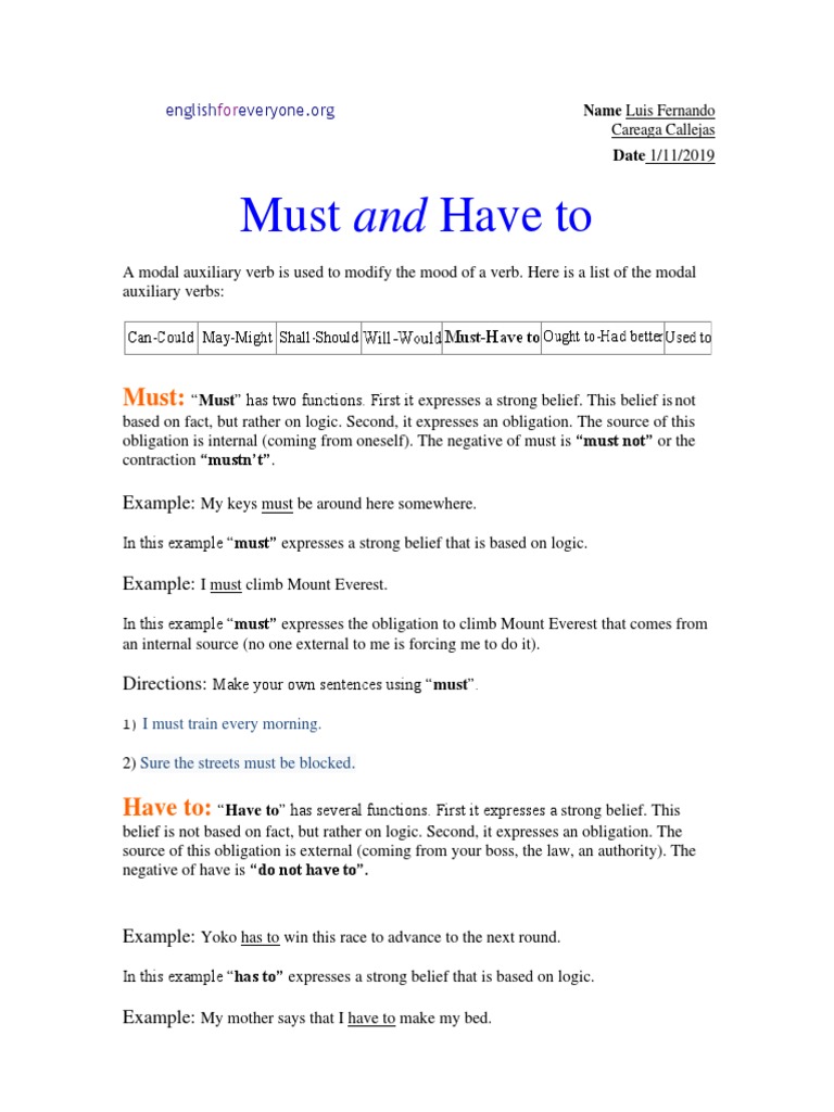 Modal Auxiliary Verbs Must And Have To Convertido Convertido Pdf Onomastics Morphology