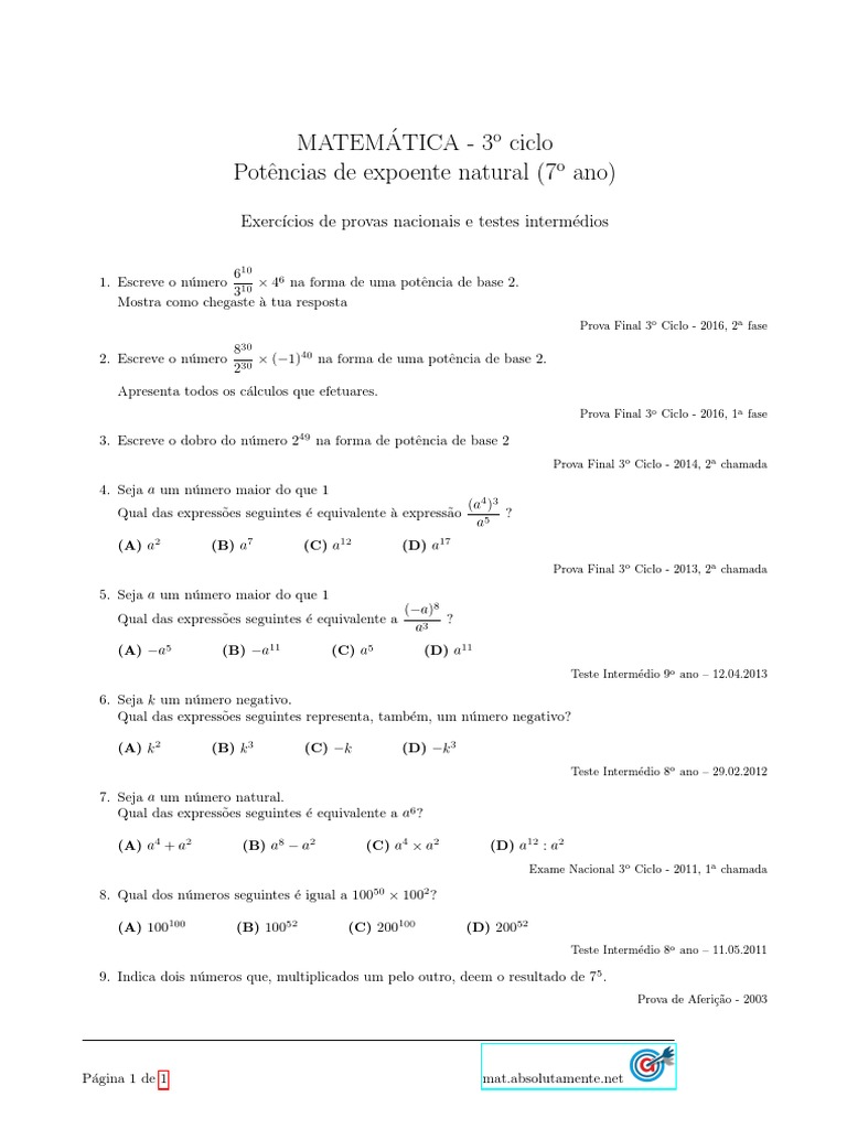 Fichas De Potencias 7 Ano Pdf Exponenciação Números