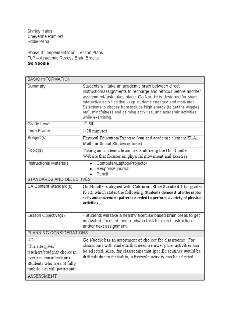 Go Noodle Lesson Plan PDF Lesson Plan Pedagogy