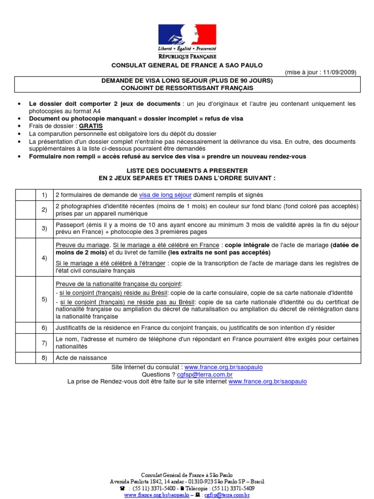 Formulaire De Demande De Visa Long Séjour Conjoint Français Le Visa de Long Sejour Conjoint de Francais VF 11-09-09 | PDF | Visa  (Document) | Consul