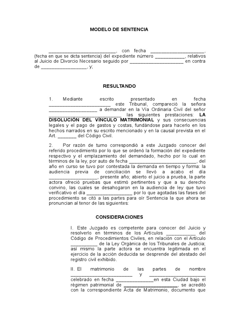 Modelo de Sentencia de Divorcio | PDF | Divorcio | Sentencia (ley)