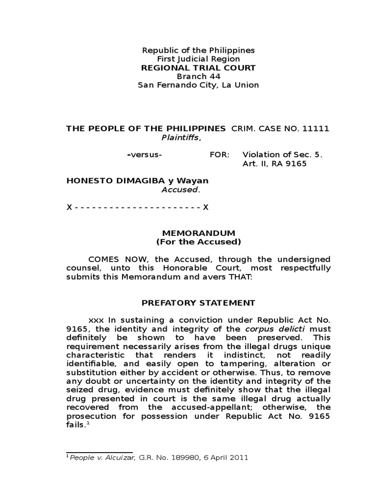Sample Legal Memorandum PDF Evidence Burden Of Proof (Law)