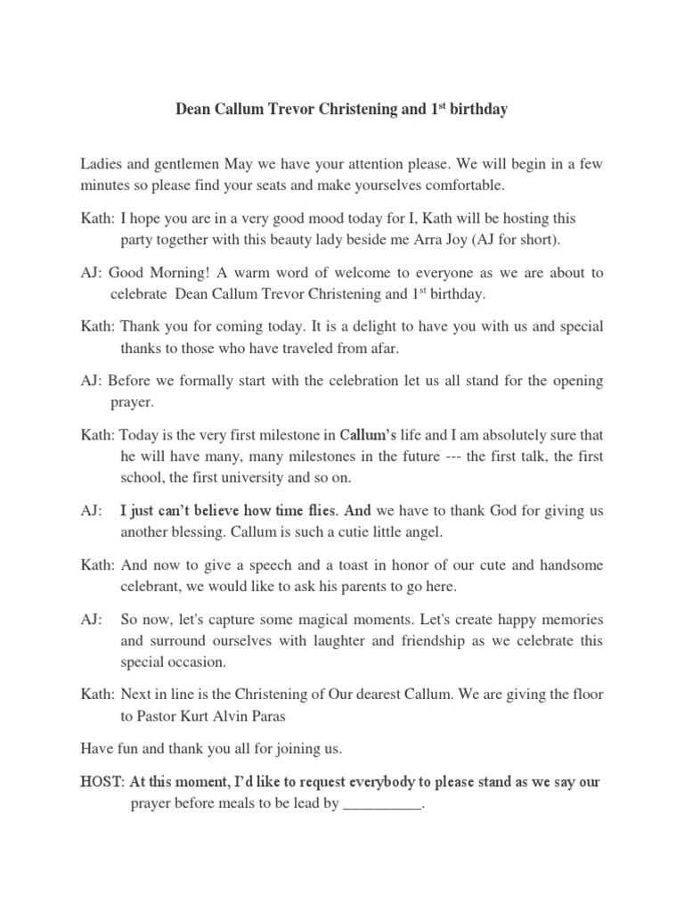 Dean Callum Trevor Christening and 1st Birthday Script PDF Prayer