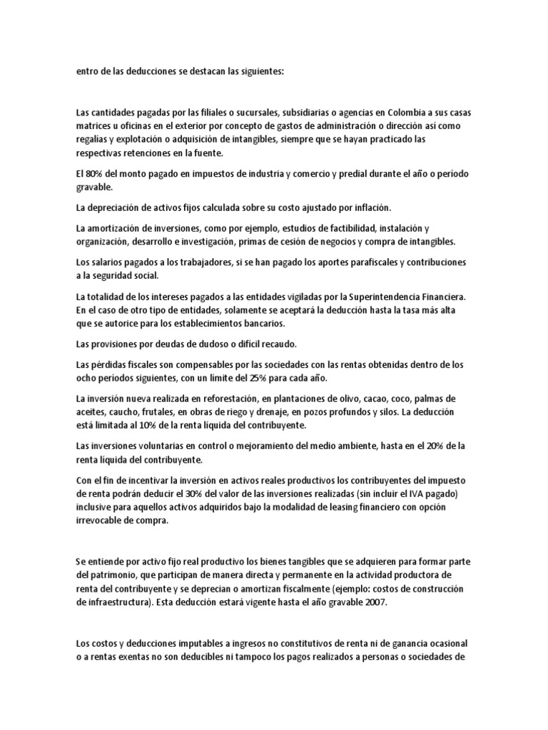 Deducciones y Exenciones Fiscales en Colombia | PDF | Impuesto sobre la ...