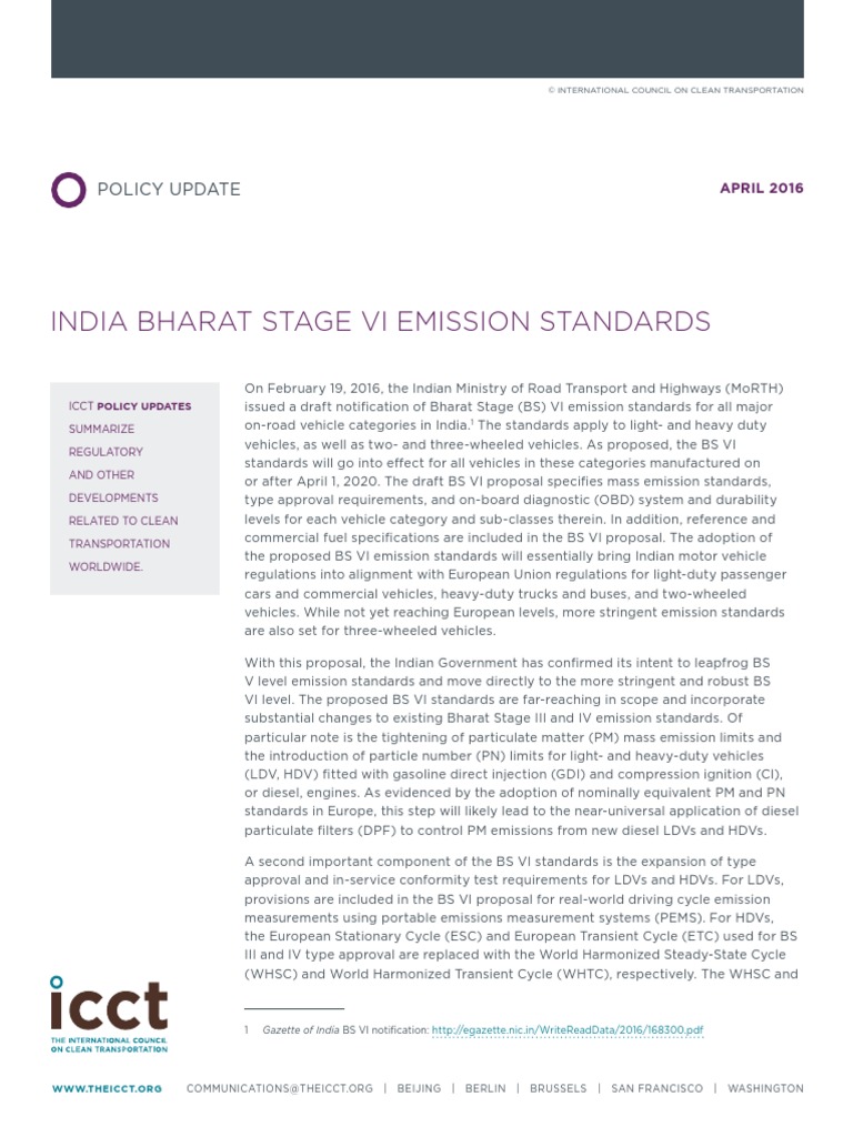 India BS VI Policy Update VF PDF | PDF | Emission Standard | Exhaust Gas