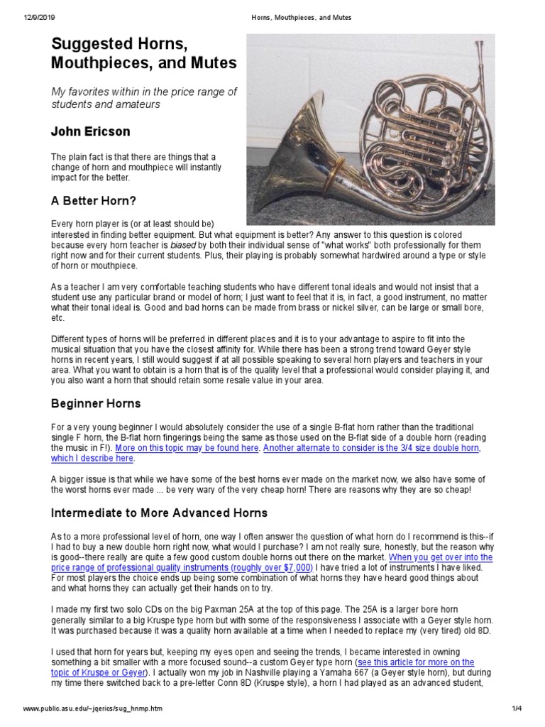 Horns Mouthpieces and Mutes PDF French Horn Musical Instruments