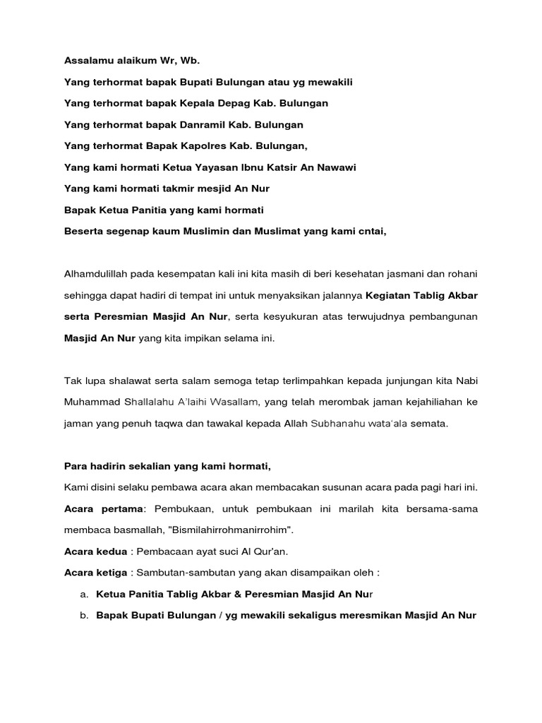 Susunan Acara Peresmian Masjid An Nur