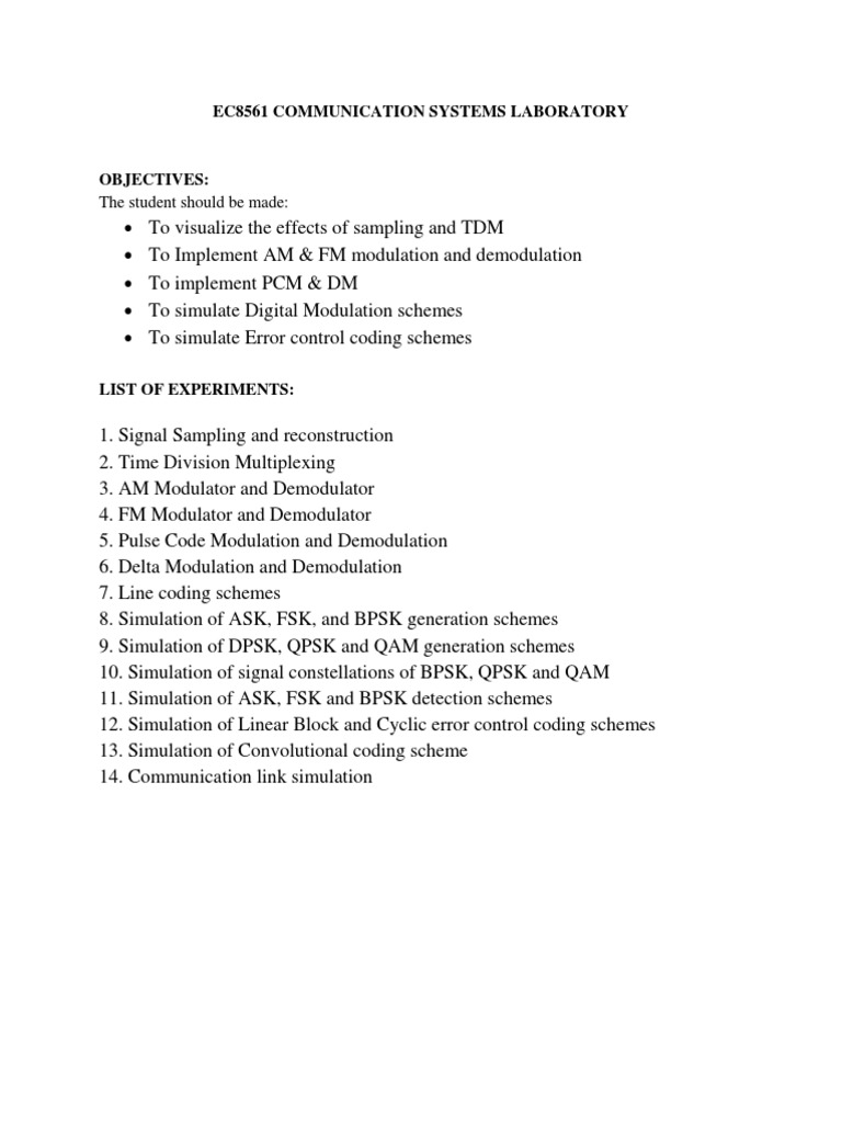 EC8561 COMMUNICATION SYSTEMS Lab | PDF