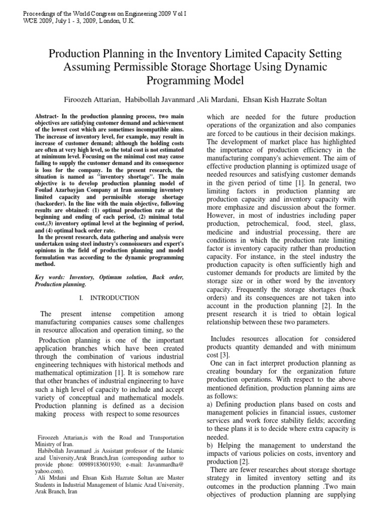 Dynamic Production Planning with Backorders | PDF | Dynamic Programming ...
