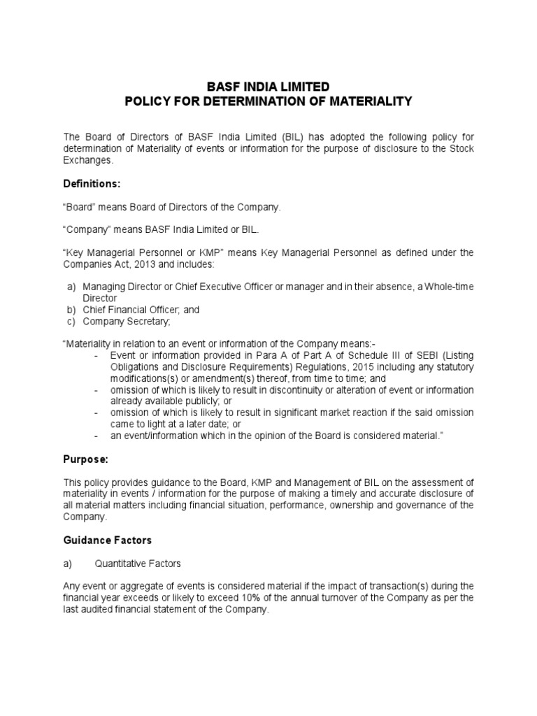 Policy On Determination of Materiality | PDF | Board Of Directors ...