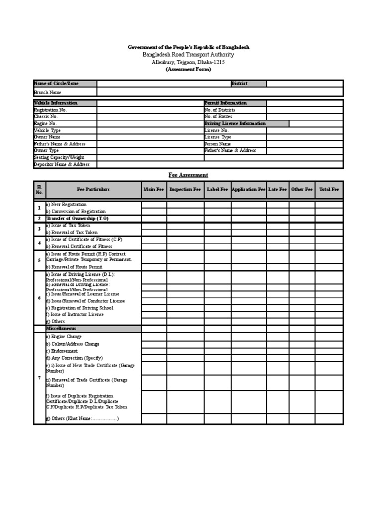 TAX & Fitness Form of BRTA | PDF | Driver's License | License