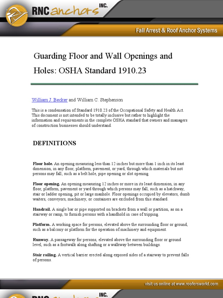 Guarding Floor and Wall Openings and Holes OSHA Standard 1910.23 PDF Stairs Building