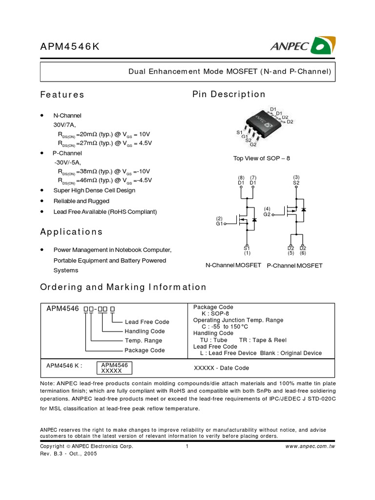 APM4546 | PDF | Field Effect Transistor | Diode