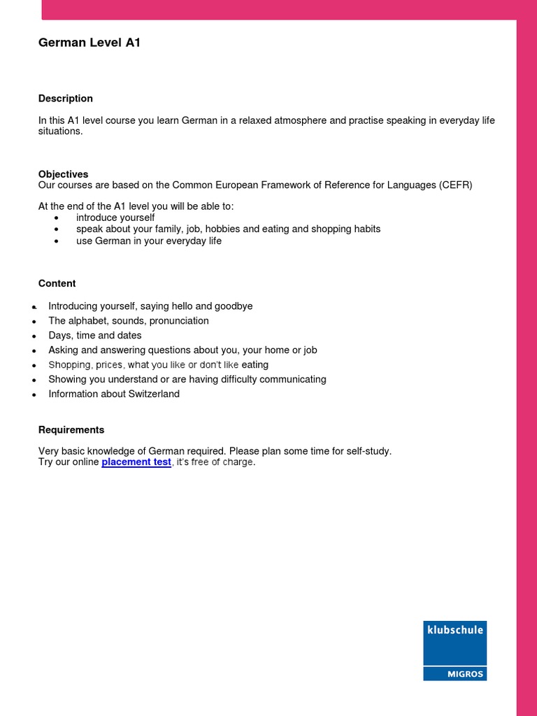 A1 German Course Overview and Objectives | PDF | Career & Growth ...