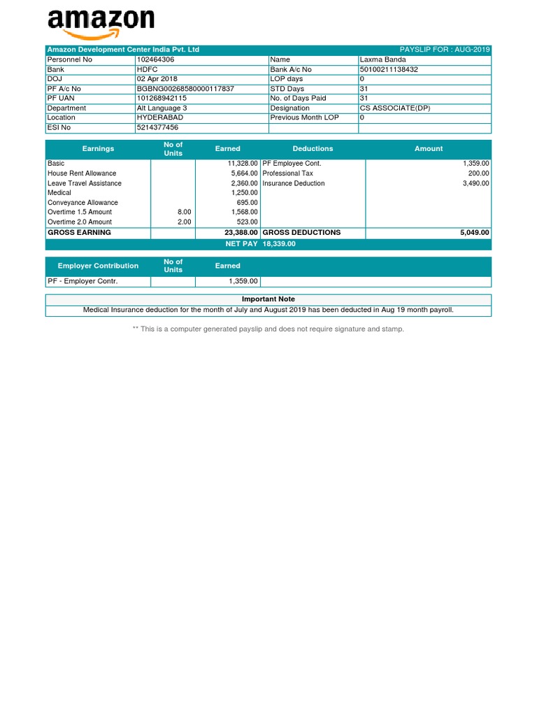 Amazon India Payslip - Aug 2019 | PDF