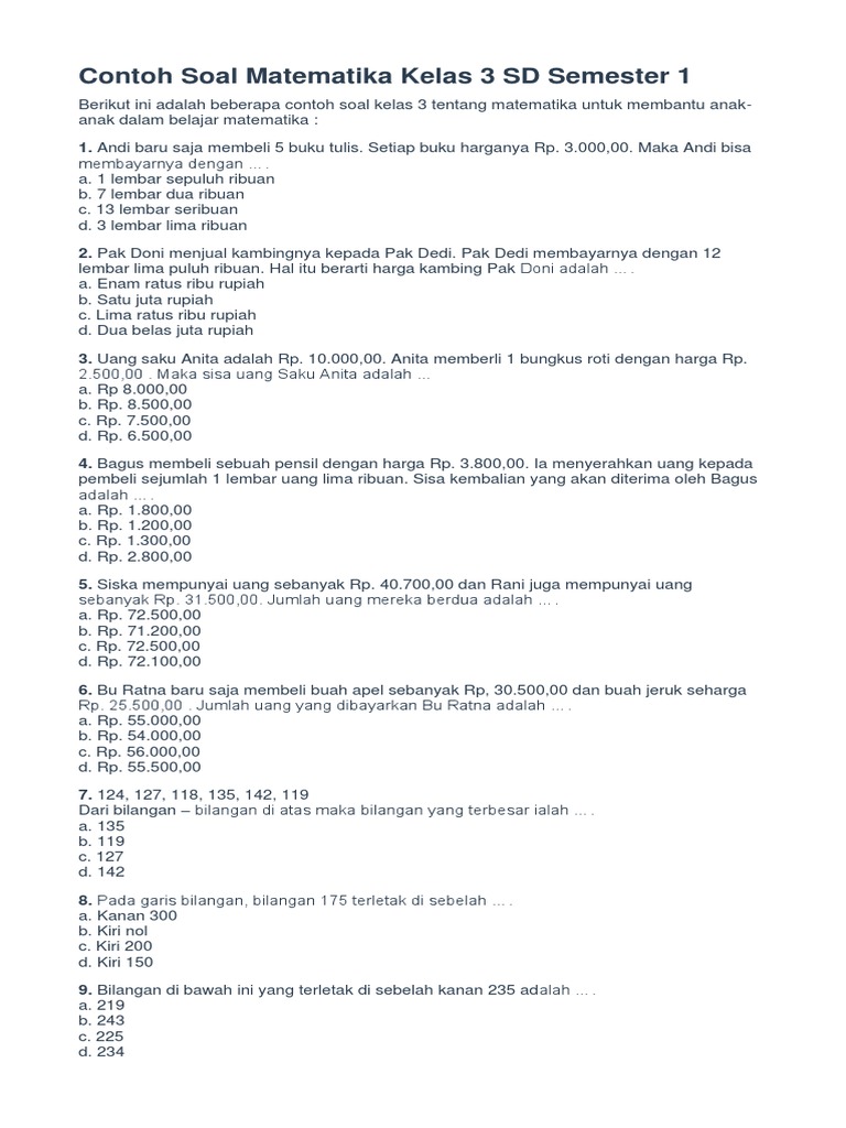 Contoh Soal Matematika Kelas 3 SD Semester 1 | PDF | Metode & Bahan ...